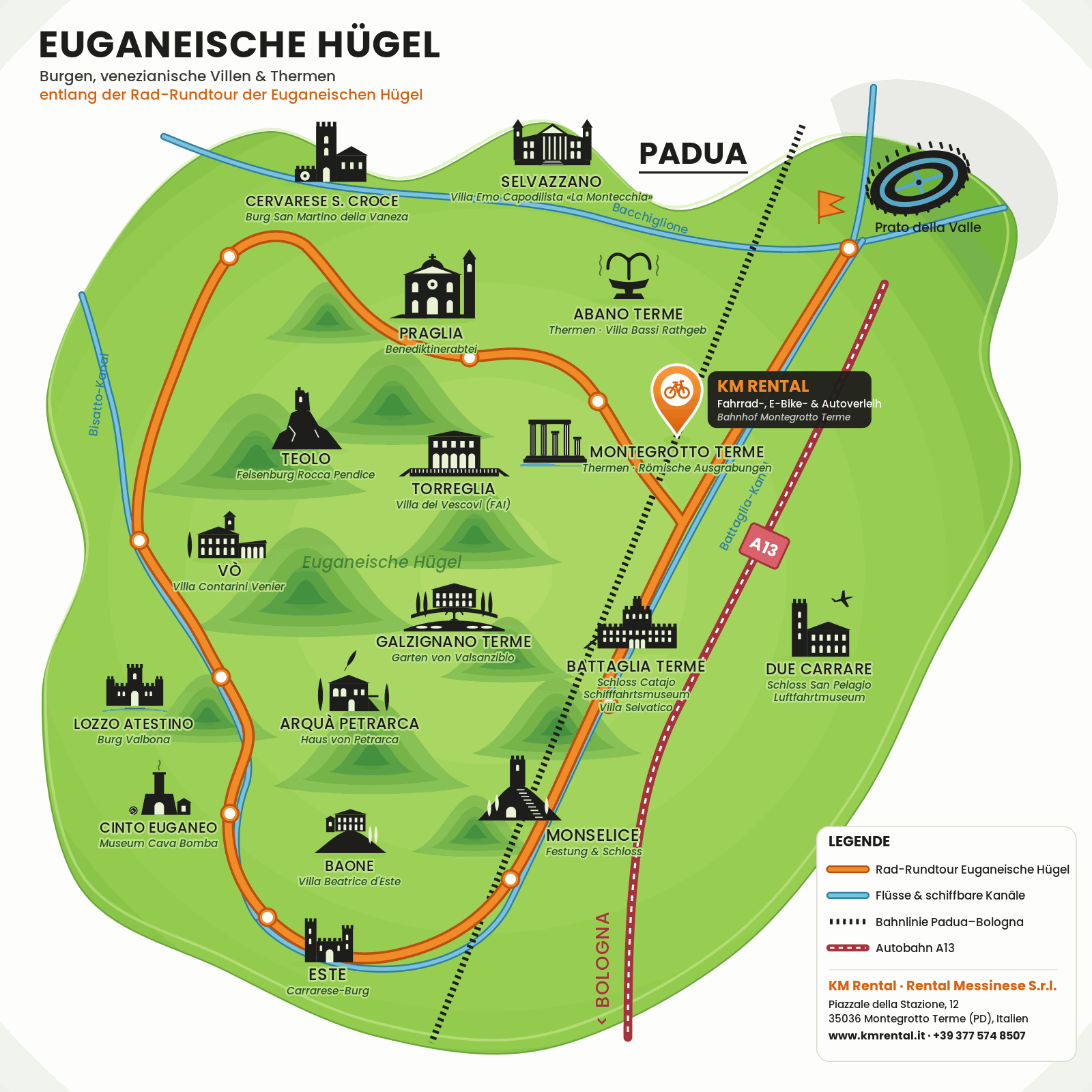 Illustrierte Radkarte der Euganeischen Hügel: Rundtour, Burgen, venezianische Villen und Thermen, mit dem Km-Rental-Abholpunkt in Montegrotto Terme