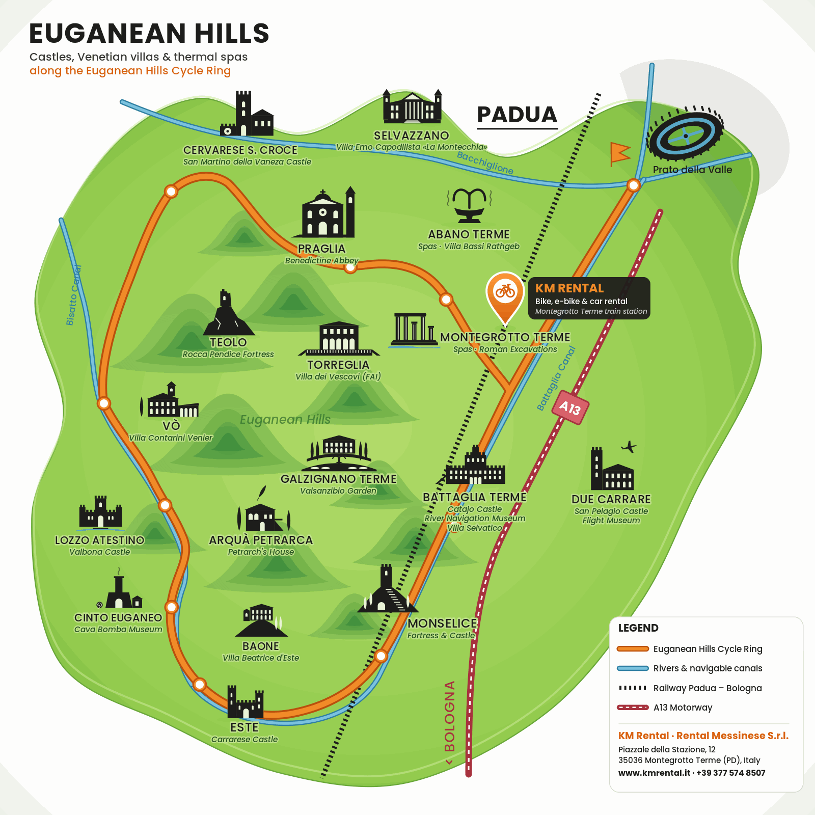 Illustrated cycling map of the Euganean Hills: cycle ring, castles, Venetian villas and thermal spas, with the Km Rental pick-up point in Montegrotto Terme