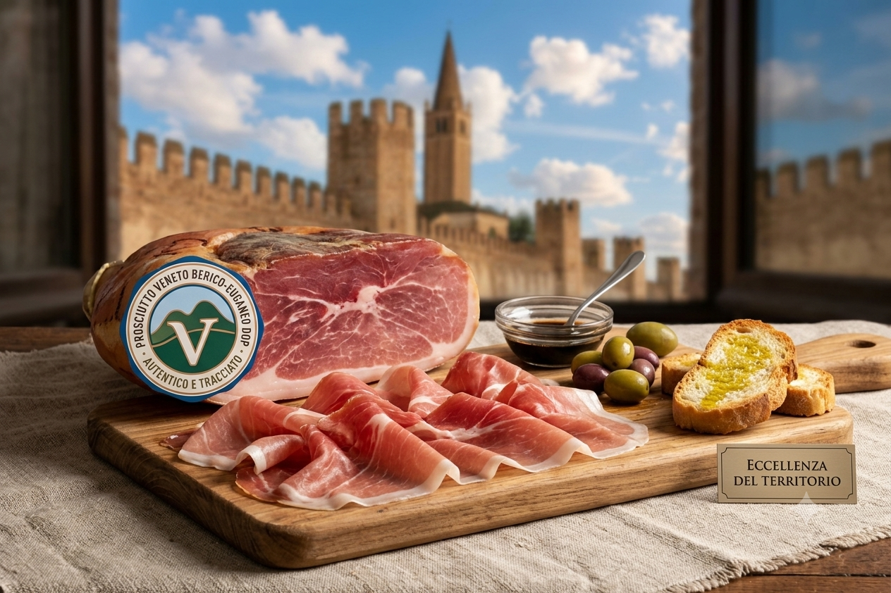 Foto piatto tipico del prosciutto crudo di montagnana, olio di oliva e pane in crosta